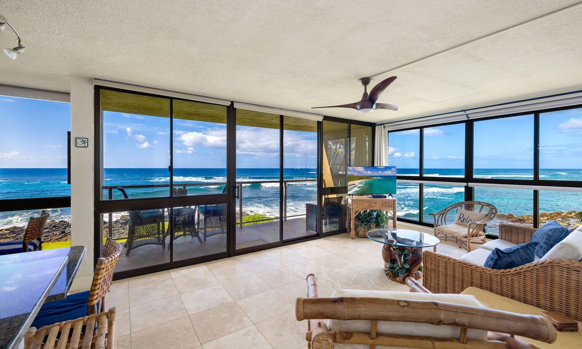 Poipu Condo | Best Oceanfront - Walls of windows on famous surf and sunset, 2BR/2BA, A/C