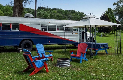 Black Creek RV Rental | Buffalo Bills Themed School Bus Near Ellicottville Fire Pit Wi-Fi
